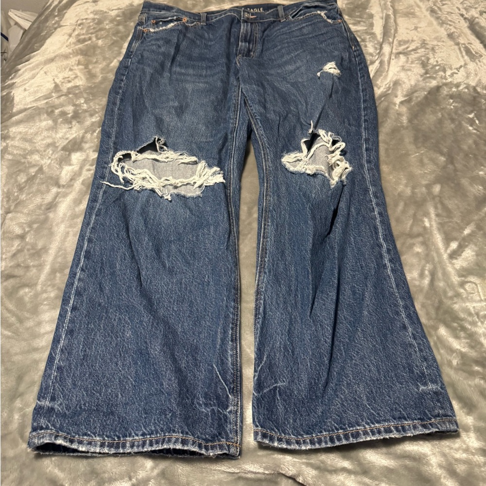 American Eagle Outfitters Ex Boyfriend Ripped Wide Leg Jeans - Dark Blue